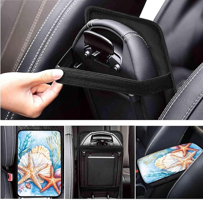 Starfish & Seashells 6pcs Car Steering Wheel Cover Set Car Armrest Cover Handbrake Coer Auto Interior Sets for Men Women Fit for Trucks Vans Suvs