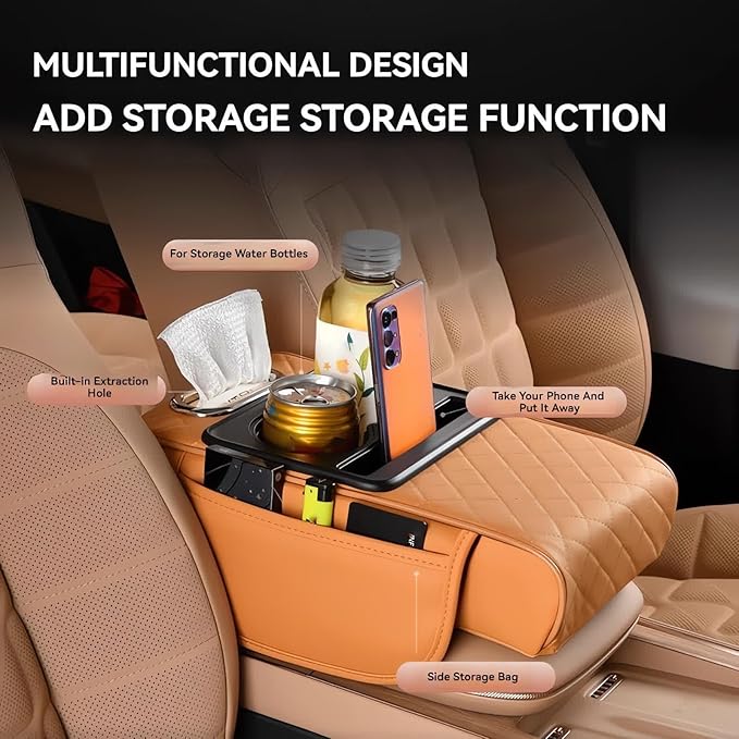 Multifunctional PU Leather Car Armrest Box Mat, 5-in-1 Multifunctional Car Armrest Cushion, Center Console Cover with 2 Cup Holder, For Storing Tissues, Phones, Wallets, Drinks, for Most Cars (Brown)