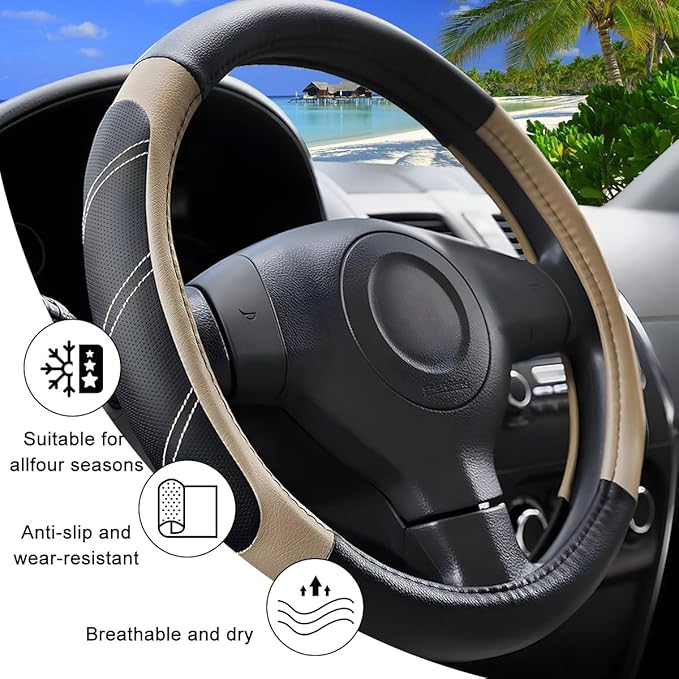 Car Steering Wheel Cover, 15 Inch Carbon Fiber Leather Non-Slip Steering Wheel Protector with Lining, Breathable Automotive Interior Accessories, Universal for SUV RV Truck (Beige)