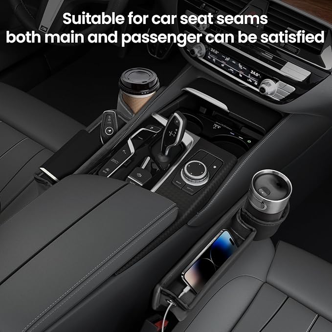 2 Pcs Car Seat Gap Filler Organizer with 2 Hooks, Left & Right Side Storage Box for Phones, Keys, Sunglasses, Keeps Cabin Organized & Prevents Items from Dropping.