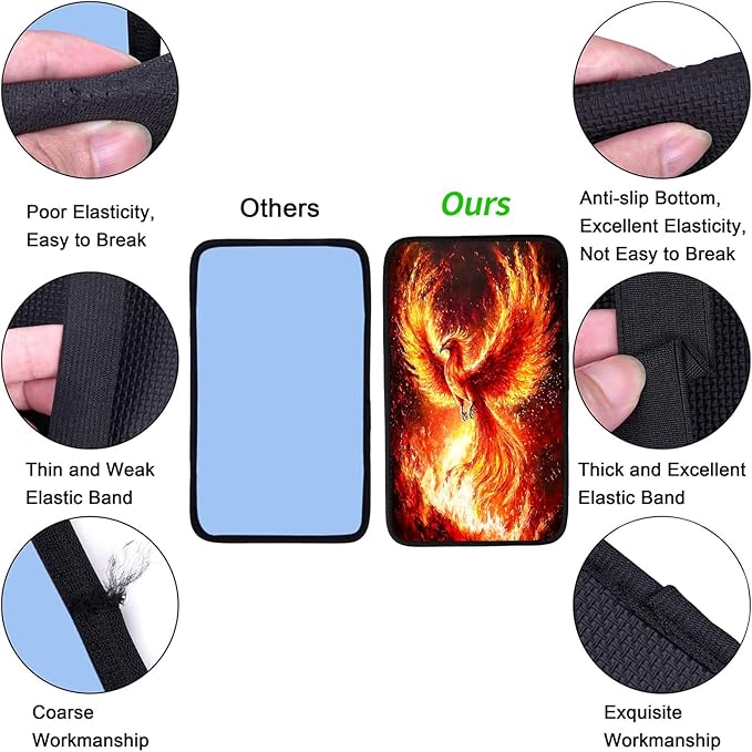 JANENFNA Car Armrest Cover Pads Universal Fashion Cute Auto Center Console Armrest Cover Pad with 2PCS Car Coasters Soft Waterproof Car Armrest Seat Protector for Women,Fiery Phoenix