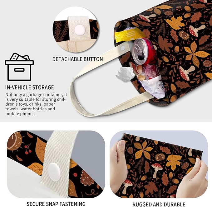 AXZOPDE Cute Car Trash Can, Hanging Canvas Car Back Seat Organizer and Storage Bag, Funny Car Trash Bag for Travelling, Outdoor Cute Boho Mushroom Leaf