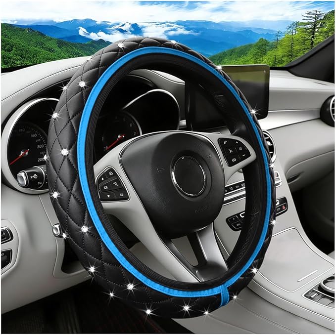 Bling Car Steering Wheel Cover, Rhinestones Elastic Leather Automotive Steering Wheel Protector, 15 Inch Sparkly Crystal Vehicle Interior Decor Accessories, Universal Fit (Blue)