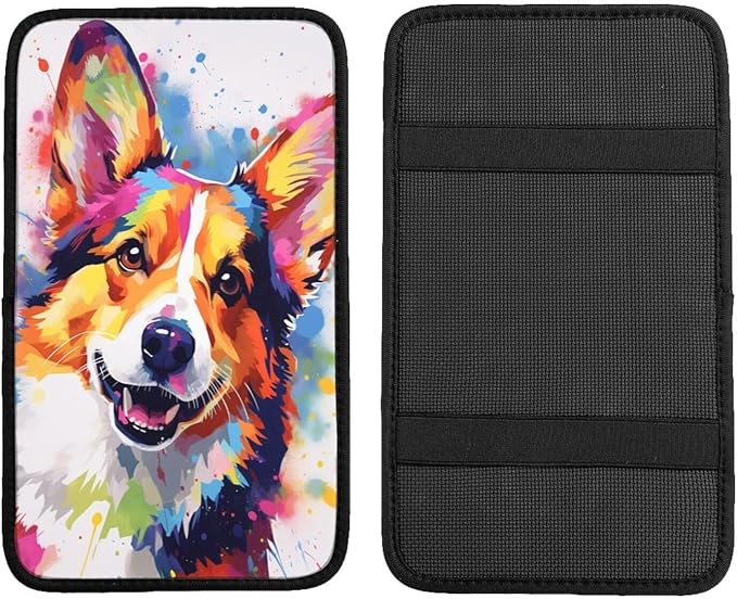 indokyeyqaz Universal Car Center Console Cushion Pad, Colorful Cute Corgi Dog Soft Waterproof Car Center Console Cover Auto Armrest Seat Box Cover Protector for Most Vehicle SUV Truck Car