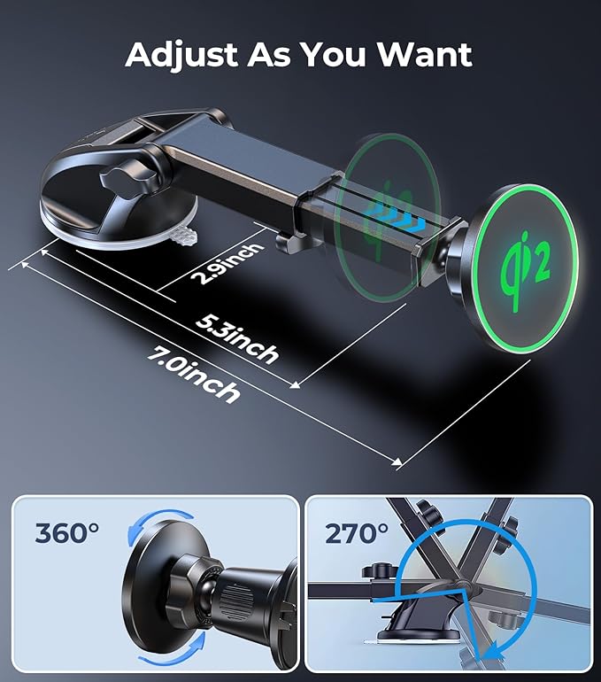 【Qi2 Certified・90LBS Vacuum Magnetic Suction】 15W Fast Wireless Car Charger Mount for Magsafe, 360° Adjustable Arm, Dashboard/Windshield/Vent Phone Holder+Cable Organaizer for iPhone 17/16/15 Pro Max