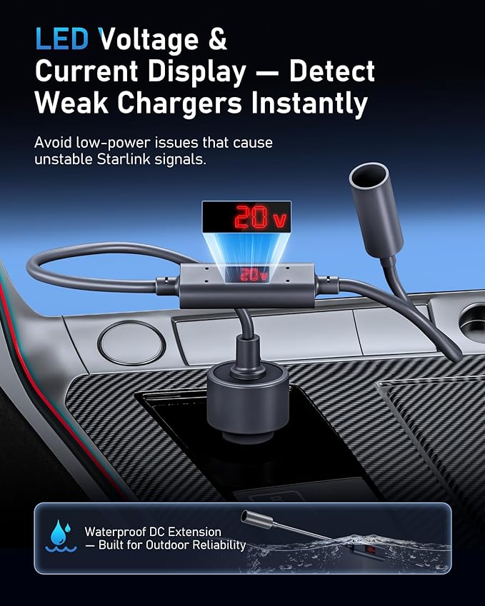 Starlink Mini Car Adapter 12V to 20V Step-Up Converter, 60W Car Cigarette Lighter Charger with LED Display, Supports Official 15m & 30m DC Cable, Stable Power for RV Camping, Trucking, Marine Use