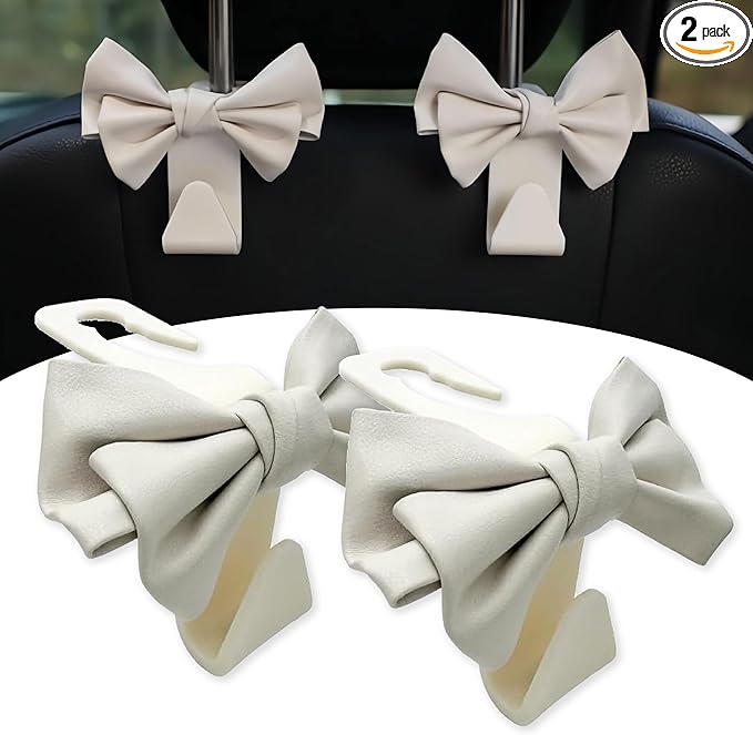 2PCS Car Seat Headrest Hooks, Cute Bow Shaped Car Purse Hook, Backseat Storage Hooks for Purses, Coats, Car Accessories (white)