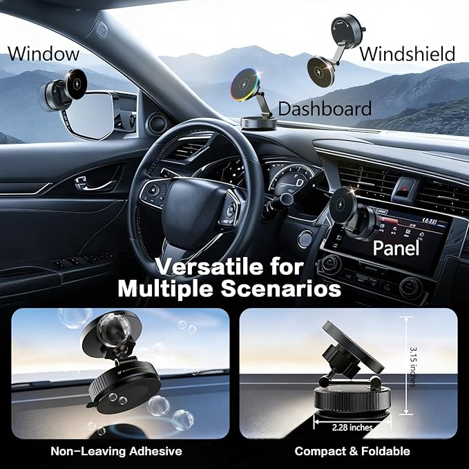 Wireless Car Mount Charger for MagSafe [15W Faster Charging, 120+LBS Suction & 2800gf Strongest Magnetic, RGB Lighting] 360° Adjustable Vacuum Phone Holders for Your Car Charger for iPhone