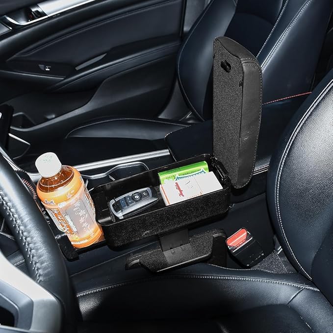 Car Armrest Storage Box, Car Seat Gap Filler Organizer, Car Center Console Arm Rest Extender Cushion with Cup Holder, Forearm Wrist Support Pad Adjustable Lift Elbow Tray (Black (Black line))