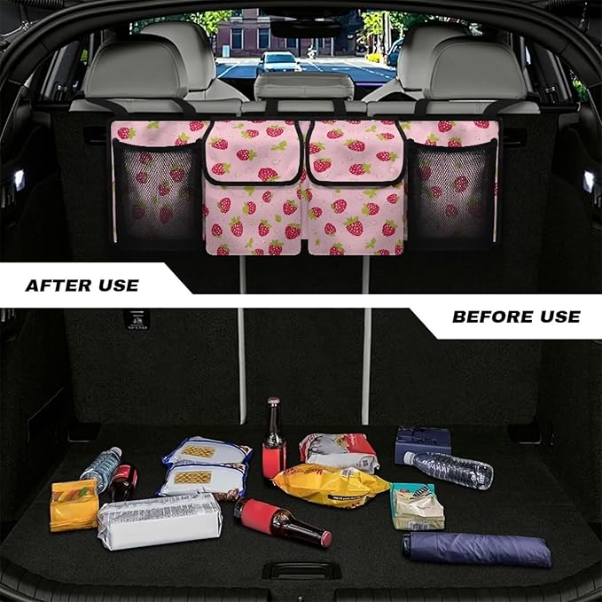Large Capacity Car Trunk Organizer, Pink Strawberry Waterproof Oxford Backseat Hanging Storage Bag with 4 Pockets, Foldable Car Organization for Car Tools, Car Accessory for SUV Truck
