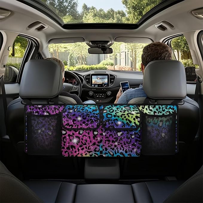 SEANATIVE Colorful Shiny Leopard Car Trunk Organizer, Backseat Hanging Organizer with 4 Large Storage Bag Super Capacity -Trunk Organizer for SUV,Truck,Van -Your Space Saving Expert