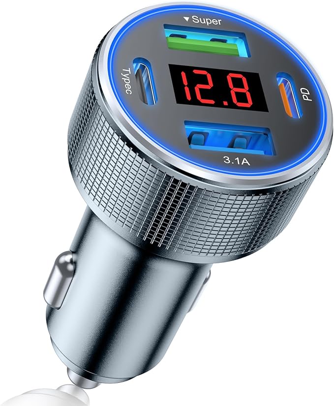 4-Port USB C Car Charger Fast Charging, Car Phone Charger Adapter with 30W PD & QC3.0 Dual USB C & USB A Port Real-Time LED Voltmeter 12V/24V Cigarette Lighter Adapter for iPhone Galaxy & Android