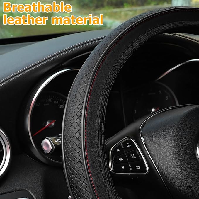 Car Steering Wheel Cover, Anti-Slip Breathable Leather Vehicle Steer Wheel Protector Adaptable to 14.5-15 Inches, Steering Wheel Protection Guard, Universal Automotive Accessories (Black)