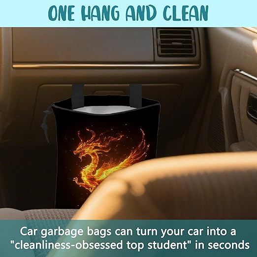 KXWQTRDD Car Trash Bag Dragon Fire Leak-Proof Car Garbage Bag with Drawstring Foldable Canvas Trash Bin with Adjustable Buckle for Car Accessories, Travelling, Camping