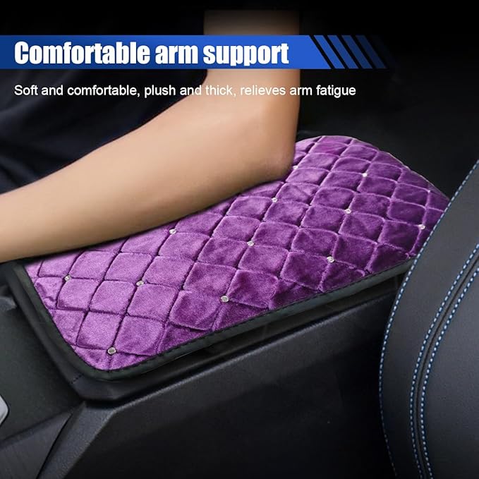 Plush Car Center Console Pad, Bling Diamond Car Armrest Cover, Soft Seat Box Cover Protector, Universal Car Interior Decoration Accessories Fit Most Vehicle, SUV, Truck, Car (Purple)