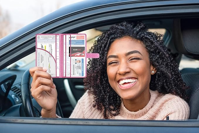 Car Registration and Insurance Holder Vehicle Glove Box Organizer Leather Car Document Holder for Driver's License, ID, Key Information Cards with Magnetic Closure, Glitter Pink