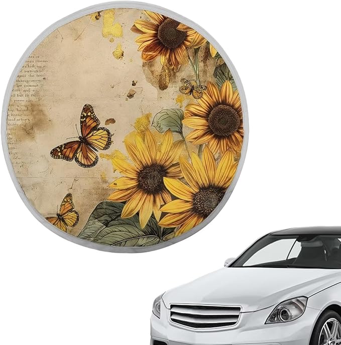 Anti-Heat Steering Wheel Sun Shade Cover Retro Sunflower Butterfly Pattern 17"x17" Car Steering Wheel Cover Steering Wheel Sun Heat Shield Fit Most Car Truck Van SUV