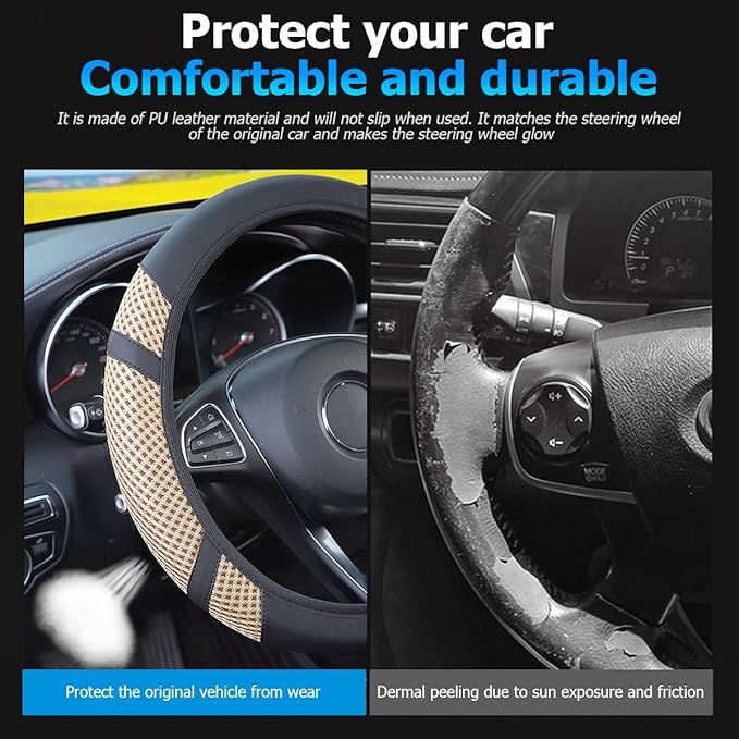 Zipelo Elastic Stretch Car Steering Wheel Cover, Leather Breathable Vehicle Steer Wheel Protective Guard, Anti-Slip Automotive Steer Wheel Protector Accessories, Universal for Most Cars (Beige)