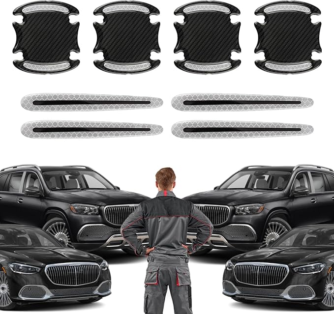 8PCS Car Door Handle Scratch Protectors, 3D Carbon Fiber Door Handle Bowl Cover Guards for Vehicles, Reflective Automotive Doors Handles Cup Accessories Paint Protective Film Sticker(Silver)