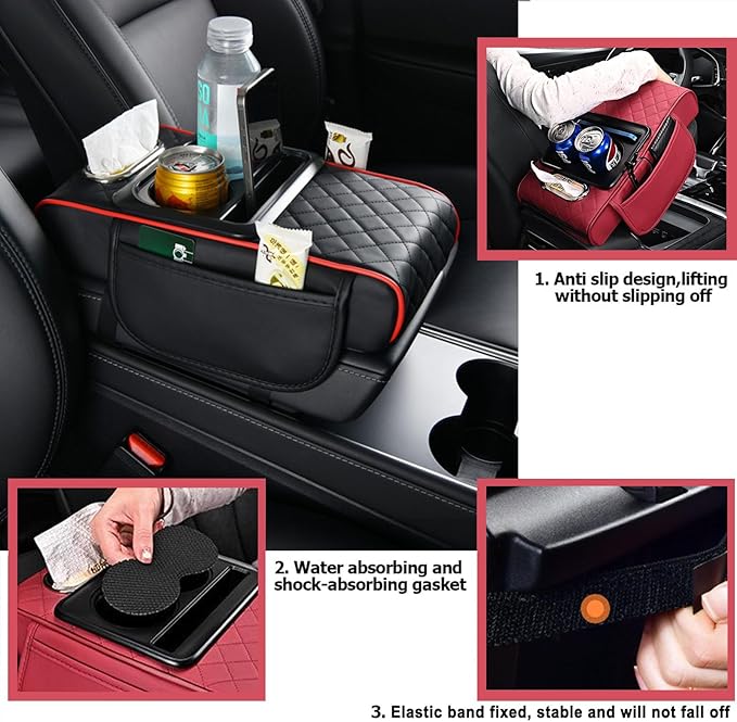 Car Armrest Storage Box for Lincoln Nautilus 2019-2024, Center Console Organizer with Side Pocket, Ergonomic Memory Foam Armrest Cushion, Car Elbow Support Pad,D Red