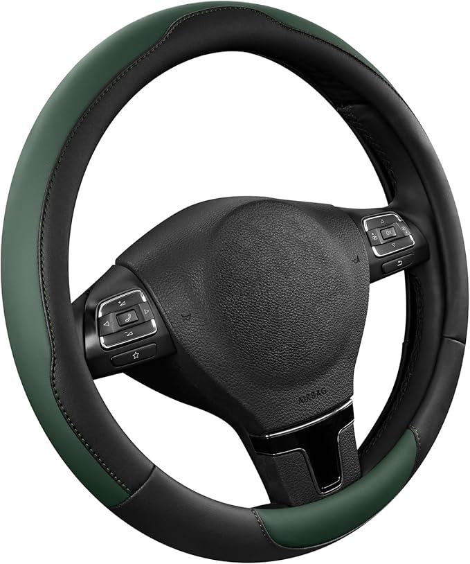 Road Comforts Steering Wheel Cover, Breathable Anti-Slip Leather Steering Wheel Cover, Universal Fit 14.5–15 Inch, Comfortable Grip - Green Color