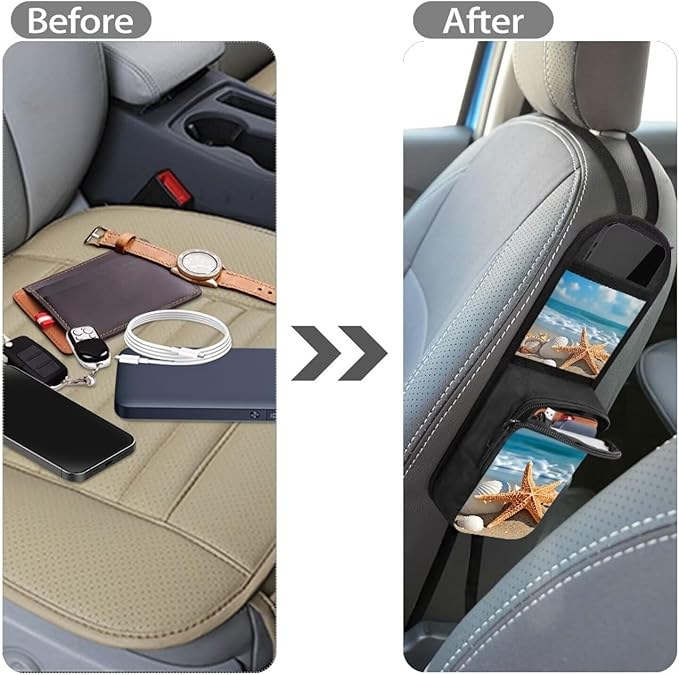 Beach Starfish Car Seat Side Storage Hanging Bag Conch Auto Seat Storage Bag With Zipper Car Accessories for Car, SUV, Trucks