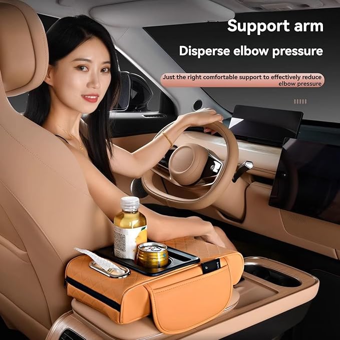 Multifunctional Pu Leather Car Armrest Box Mat, 5-In-1Multifunctional Car Armrest Cushion, Car Arm Rest Cover Pad, Center Console Organizer with Cup Holder, Tissue Box & Phone Slot (Coffee)