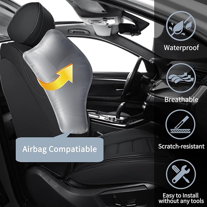 COVER EMPIRE Front Car Seat Covers, 2Pcs Universal Leather Seat Covers for Cars, Full Coverage Waterproof Automotive Seat Covers, Breathable Front Seat Covers for Most Trucks, SUVs, Sedans, Black