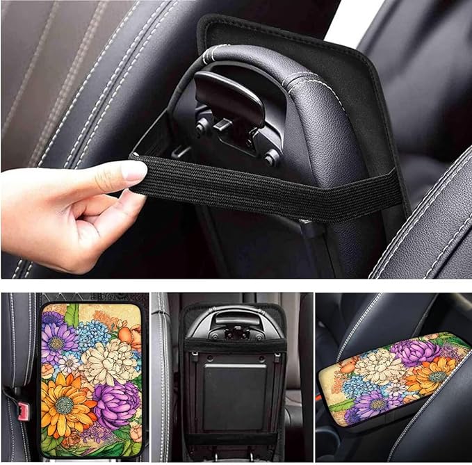 Flower 6pcs Car Accessories for Women Chrysanthemum Print Steering Wheel Cover Car Armrest Cover Handbrake Coer Auto Interior Sets