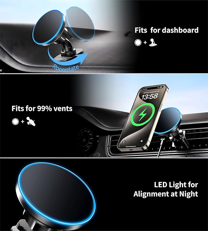 for iPhone 17 Magsafe Car Mount Charger, [2026 New] 15W 2in1 Magnetic Wireless Car Charger, fits for Magsafe Car Charger, Vent/Dashboard Phone Holder Mount for iPhone 17 16 15 14 13 12 Series