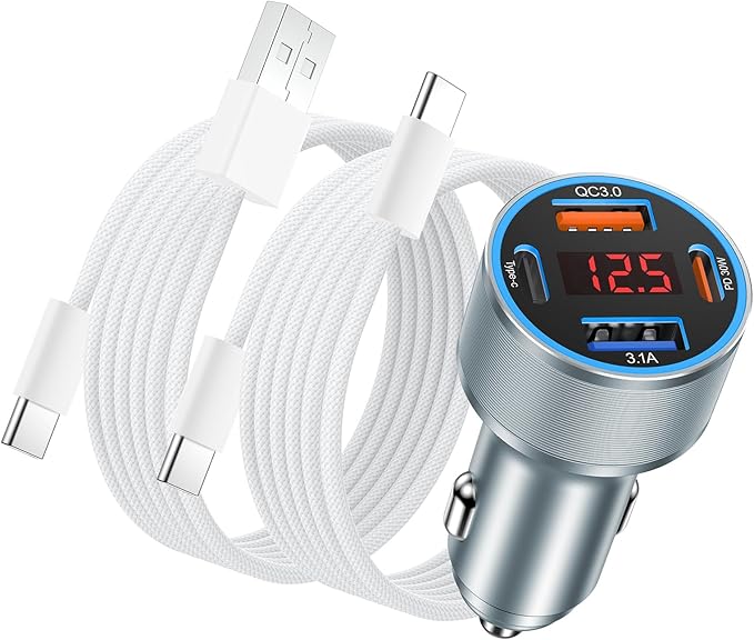 USB C Car Charger, 65W 4-Ports USB Fast Charging PD30W Cigarette Lighter Charger Adapter Digital Voltage Display with 2X USB Cables for iPhone 16 15 14 13, Samsung Galaxy S25 S24 S23, iPad & Tablets