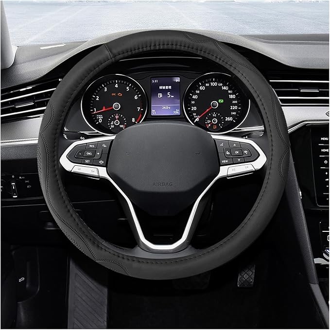 15 Inch Leather Steering Wheel Cover, Breathable Anti-Slip Steering Wheel Protector Cover, Elastic Soft Comfortable Universal Wheel Cover for Men and Women, Car Accessories (Black)