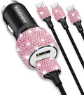 Bling USB Car Charger 5V 2.4A Pink Crystal Decor Dual Port Fast Adapter with 4ft Nylon Type C Micro USB 3 in 1 Multi Charging Cable for iPhone iPad Android, Auto Interior Accessories for Women