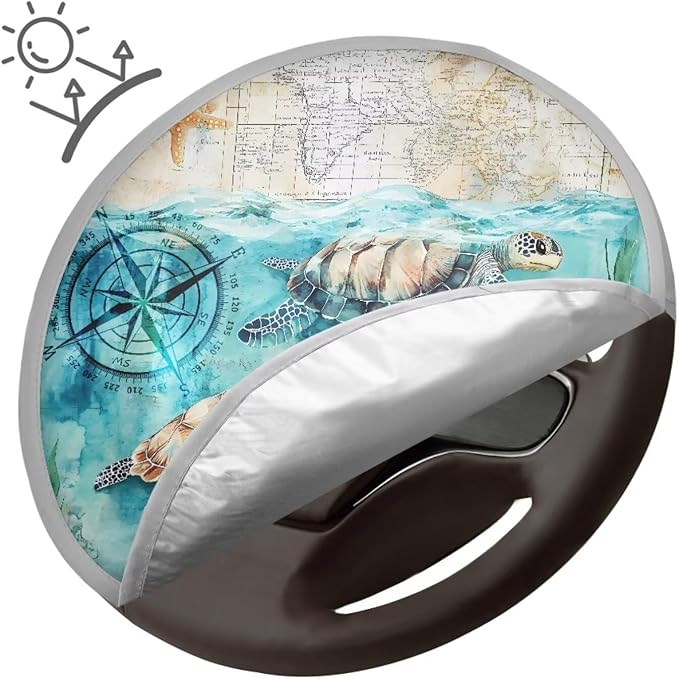Turtle Print Steering Wheel Sun Shade Cover 17 Inch Beach Print Car Rudder Sun Shade Cooling Cover for Summer Foldable Steering Wheel Cover Gift for Friends