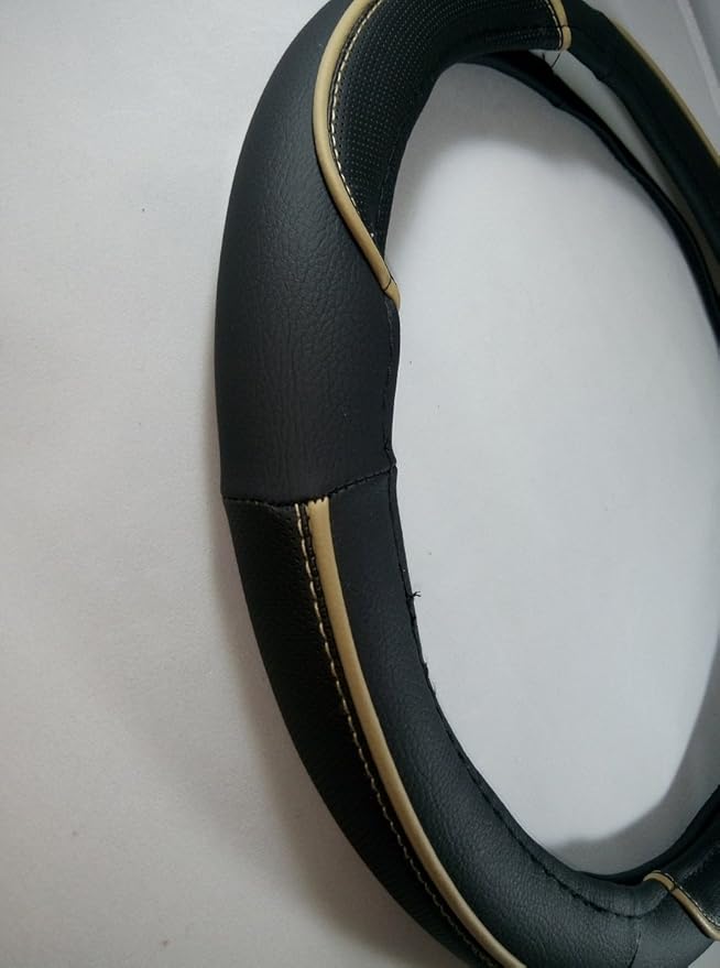 Jdragon Black + Beige Line PU Leather Best Grip Slip-On Steering Wheel Cover 14.25-15" Diameter