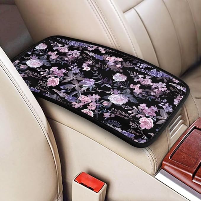 Cute Floral Car Center Console Cover Polyester Fabric Middle Console Cushion Pad Armrest Seat Box Lid Protective Covers Purple Wildflower Cars Decor Accessories