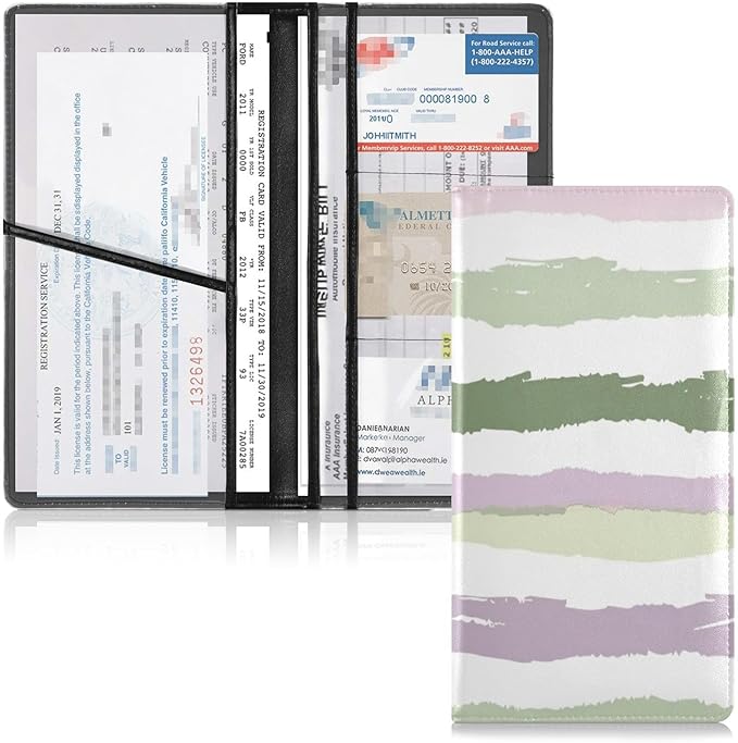 Qilmy Simple Solid Color Stripes Car Registration and Insurance Holder, Premium Pu Leather Vehicle Glove Box Organizer, Prefect Car Essentials Wallet for Driver License, Cards & Essential Documents783