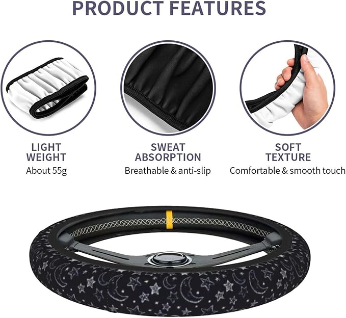 Star Moon Steering Wheel Cover for Women Men Girls Car Accessories Decor Anti-Slip Neoprene Auto Steering Wheel Covers Protector Universal 15 Inch