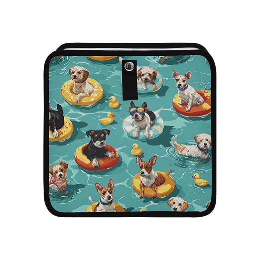 Car Trash Can Organizer Bin with Adjustable Strap for Back Front Seat Console Waterproof Leakproof Collapsible Portable 8.66 Inch Teal Swimming Pool Dogs and Ducks