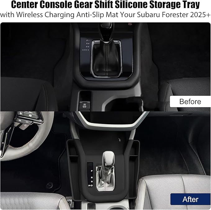 Upgraded 2-Piece Center Console Organizer Set for 2025 2026 Subaru Forester Accessories | Anti-Slip Silicone Storage Tray with Side Pockets + Gear Shift Knob Cover Protector