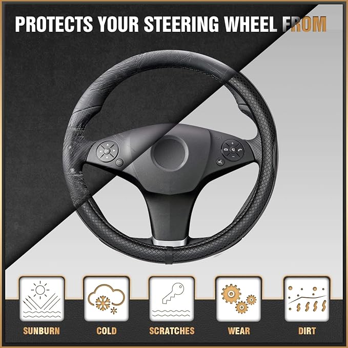K KNODEL Universal Fit Steering Wheel Cover, Microfiber Leather Car Steering Wheel Cover, Anti-Slip Car Wheel Protector, 15 Inch (Black)