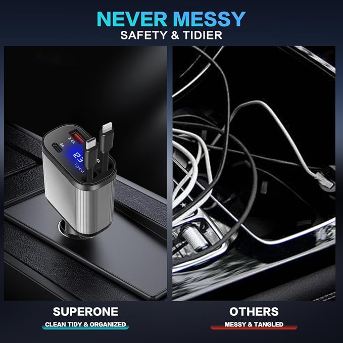 Retractable Car Charger, 4-in-1 Fast Charging with Dual Retractable Cables, USB-C and USB-A Car Adapter for iPhone 17 16 15 14 13 Pro Max, Samsung Galaxy, Pixel, Android Devices