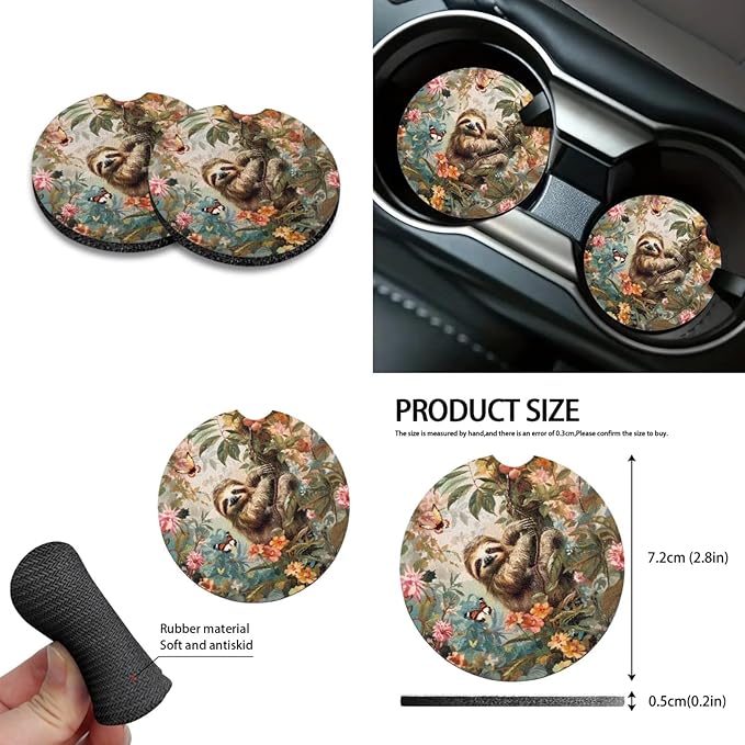 Sloth Butterfly Flower Printed Car Accessories Sets, Universal Front and Rear Split Bench Seat Covers for Cars with Matching Steering Wheel Cover Trash Can Air Vent Storage Bag Coaster