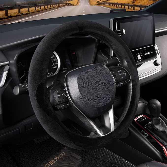 COFIT Plush Steering Wheel Cover Winter, Soft Warm Furry Grip Protector for Cars SUVs Trucks, Fits 14.5-15 Inch, Non-Slip Interior Accessory, Black