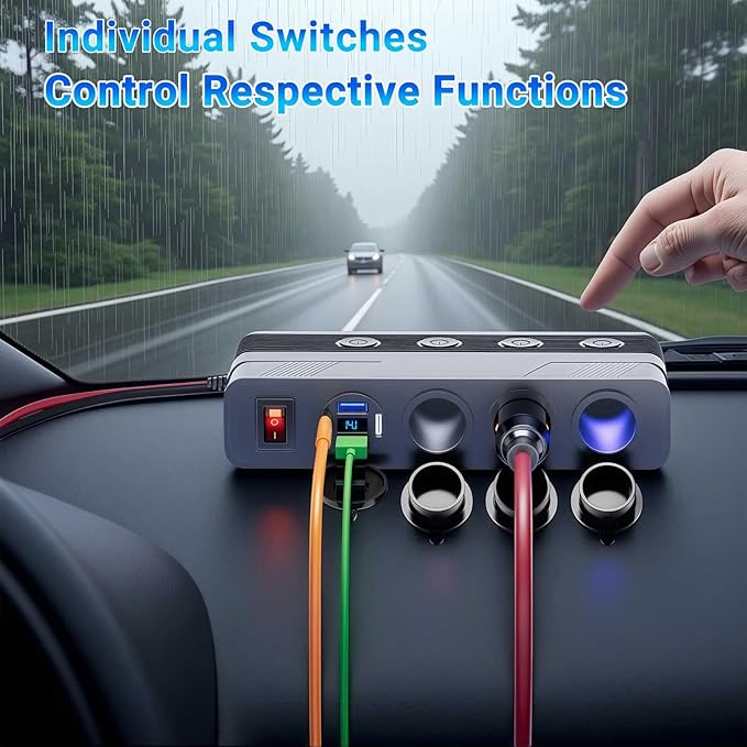 12V Cigarette Lighter Socket Splitter: 180W 15A Power Outlet 3 Socket 4 USB Ports PD66W QC18W - Cigarette Lighter Splitter with 10FT Cable Eyelet Terminal Power Supply Car Plug outlet Battery Adapter