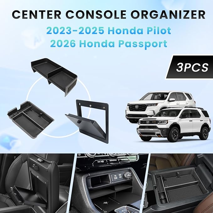 Neepiar 3PCS Center Console Organizer Compatible with 2023-2026 Honda Pilot 2026 Honda Passport Hidden Storage Tray Armrest Storage Tray Insert Divider Slot Box Secondary Interior Accessories