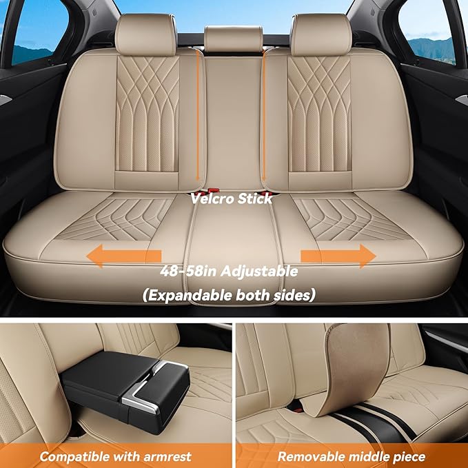 GEZHOUBA Car Seat Covers Full Set, Nappa Leather Seat Covers for Cars, Beige Car Seat Protector Waterproof, Car Seat Covers Front Seats and Back Fit for Most Cars SUVs Trucks