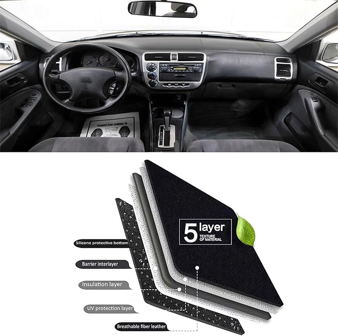 Upgraded Dash Mat for 2001-2005 Honda Civic Polyester Dash Board UV Protection Non-Slip Windshield Reflective Dash Cover Interior Accessory Black