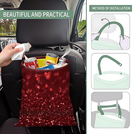 AXZOPDE Cute Car Trash Can, Hanging Canvas Car Back Seat Organizer and Storage Bag, Funny Car Trash Bag For Travelling, Outdoor Red Glittering Pattern