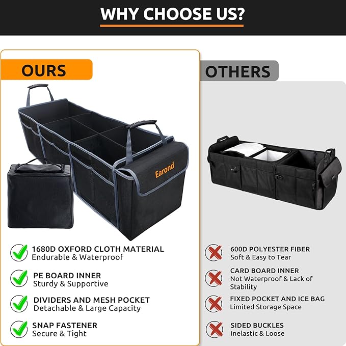 EAROND Collapsible Trunk Organizer with Insulated Leakproof Cooler Bag,Removable Lid,Adjustable Securing Straps,3 Compartments Trunk Organizer for SUV,Truck,Sedan(Grey & Black)